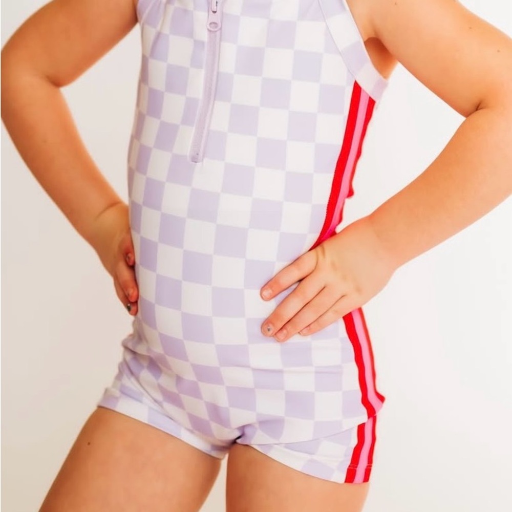 Lilac Check Kids One-Piece Swimsuit with Red Stripe